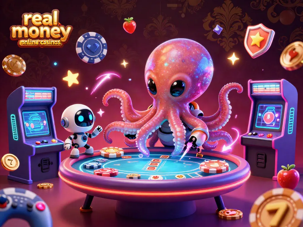 Experience thrilling gameplay in real money online casinos with vibrant scenes of an alien octopus and robot.
