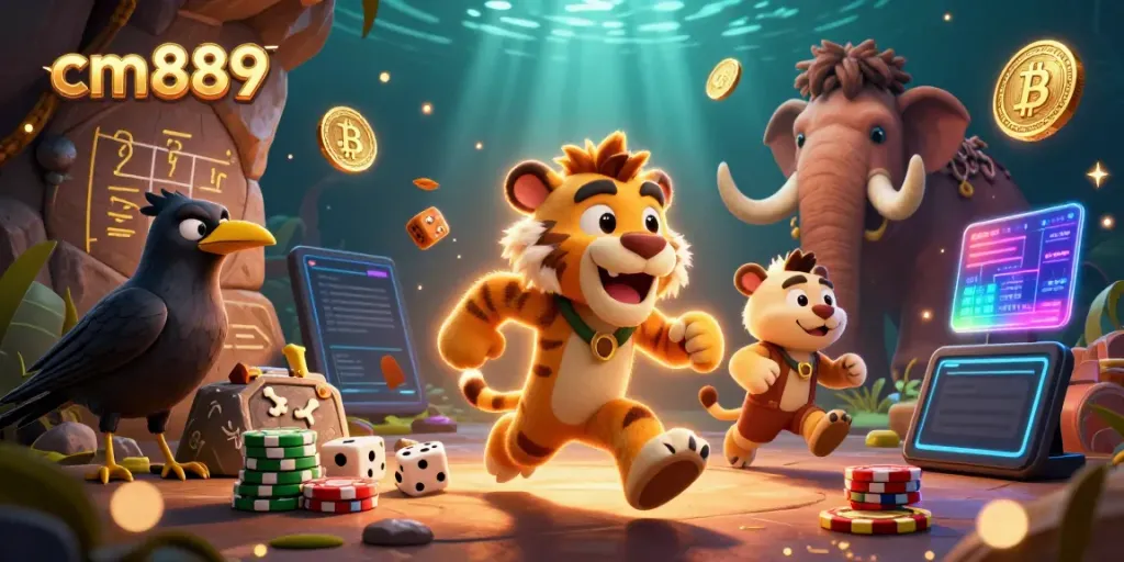 Experience the thrill of cm889 casino ambiance with caveman and sabertooth characters playing, neon crypto coins everywhere.