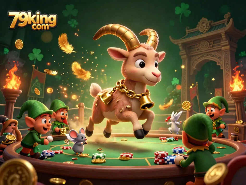 Experience the excitement of 79king com casino action with Krampus goat and angel mouse in a dynamic scene.