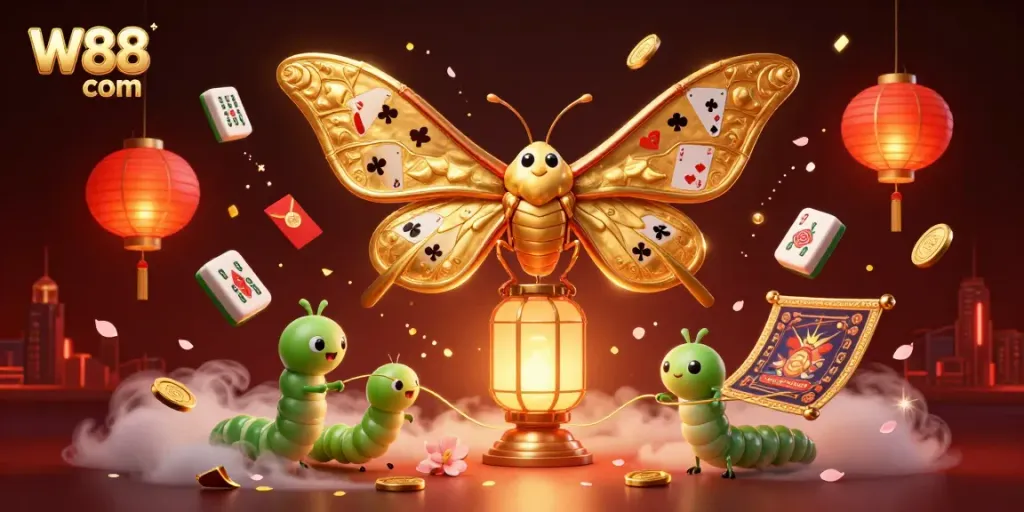 Experience thrilling gameplay at W88 com with a vibrant casino-themed digital art showcasing a dynamic butterfly and casino elements.