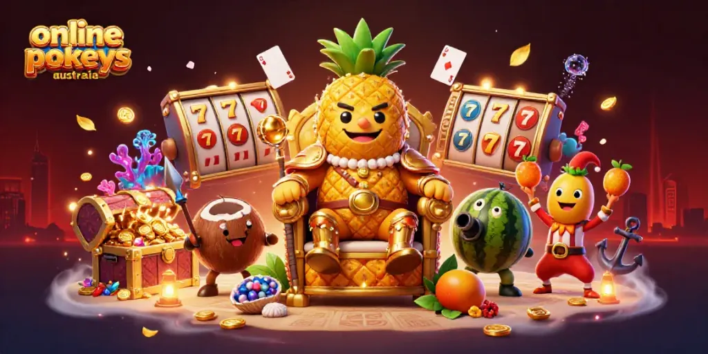 Experience thrilling online pokies Australia with a vibrant 3D casino scene featuring lively characters and dynamic game elements.
