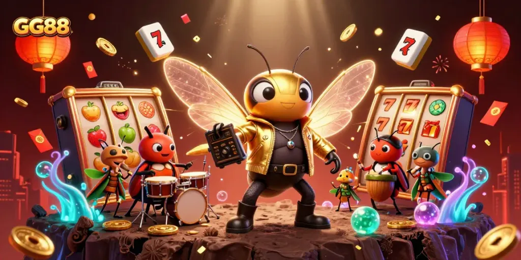 Engage with GG88 in a vibrant casino world featuring a rock star cicada and thrilling slot elements.
