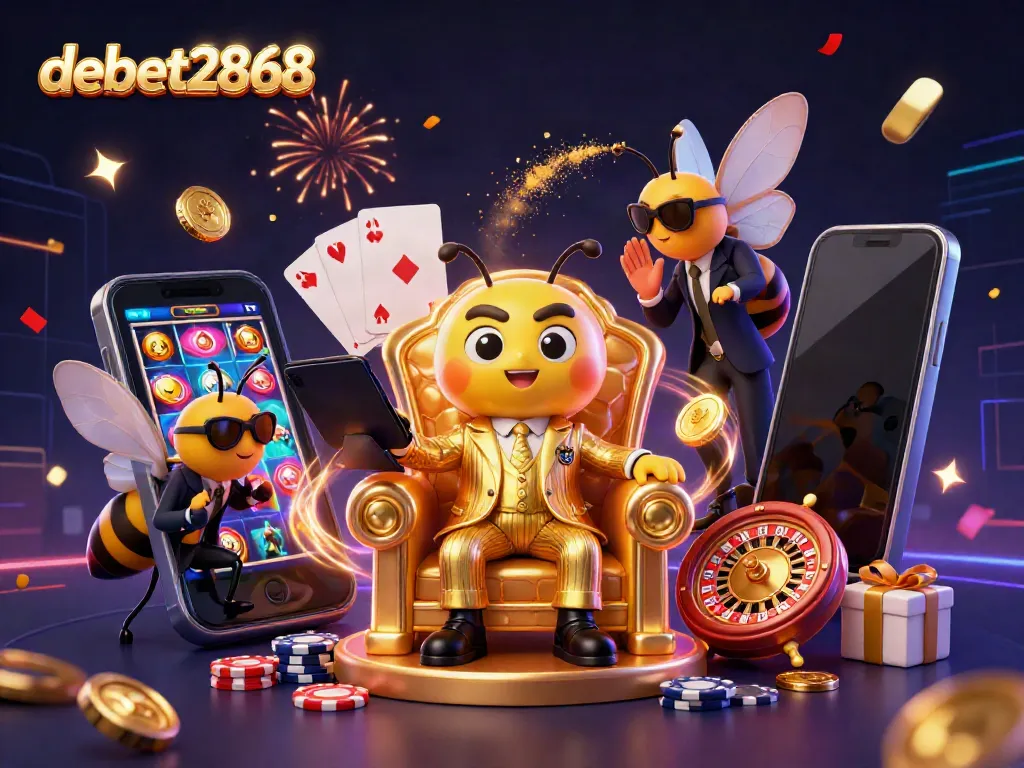 Experience winning thrills with debet2868 in an ultra-detailed casino scene featuring vibrant games.