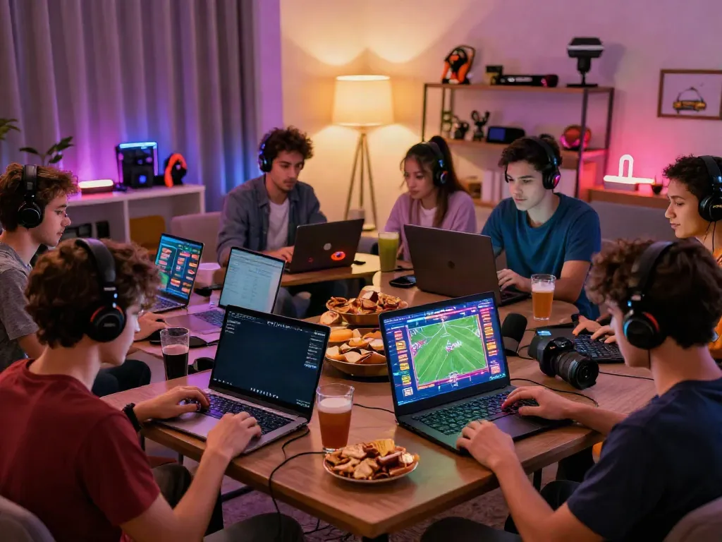 Dynamic gem88 gaming scene with players enjoying sports betting and casino games in a cozy setting.