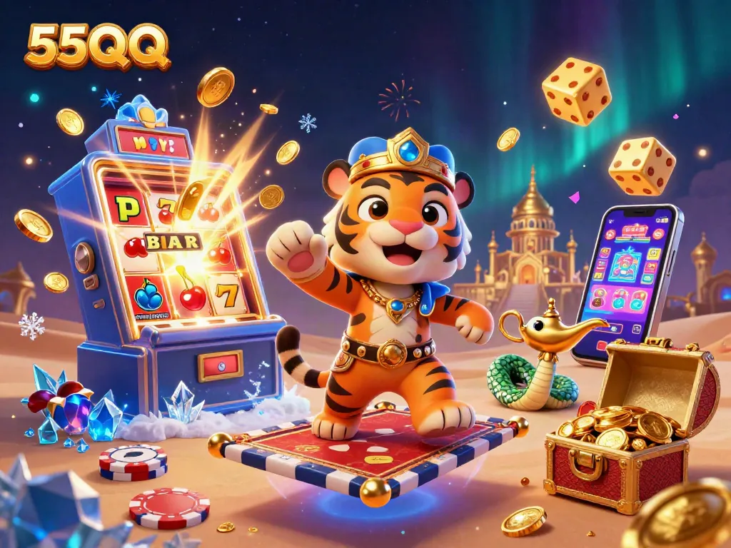 Experience the excitement of 55QQ gaming with the sultan on a poker chip carpet amidst vibrant casino elements.