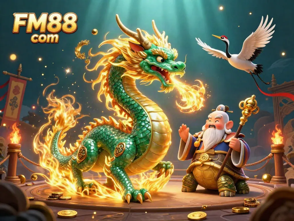 Experience the excitement of FM88 com with an emerald dragon and a wise turtle sage in an engaging gaming environment.