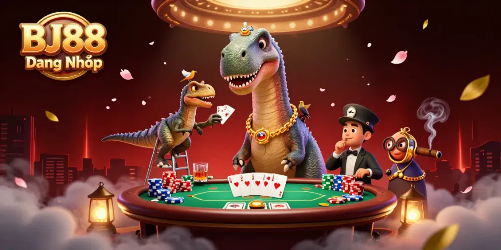 Play exciting games at BJ88 Đăng Nhập casino featuring a vibrant 3D illustration of unique characters.