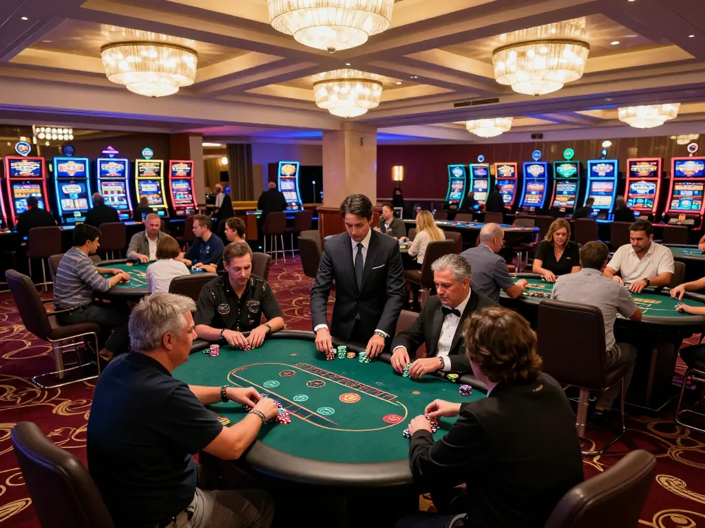 Players engaging in a high-stakes poker game at 27G casino, illuminated by elegant chandeliers