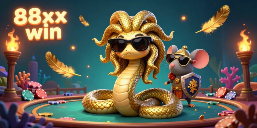 Experience thrilling gameplay with the 88xx win team, featuring Medusa and a warrior, amidst a vibrant gambling scene.