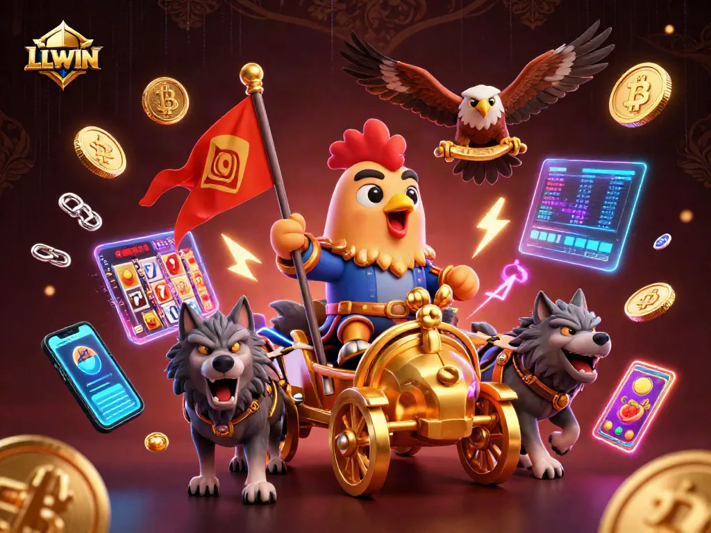 Engage in thrilling gameplay with LLWIN's vibrant casino scene featuring a dynamic rooster warlord and golden elements.