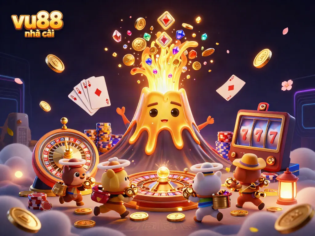 Experience the thrilling world of vu88 nhà cái with a dynamic casino scene featuring a golden volcano erupting with treasure.