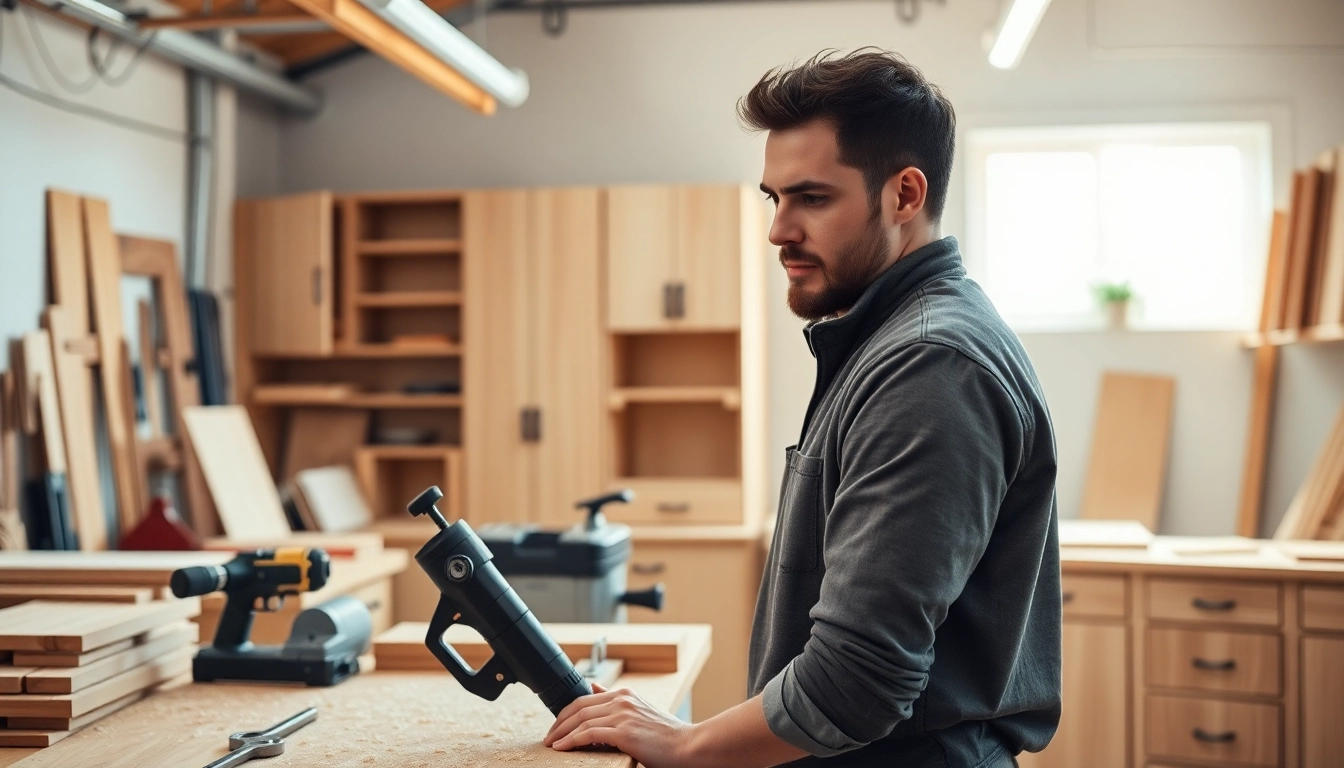 Cabinet maker skillfully crafting custom furniture in a bright workshop.