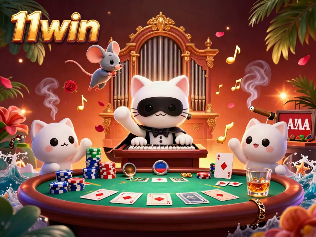 Experience thrilling poker action with 11win's vibrant casino scene featuring intricate characters and game elements.