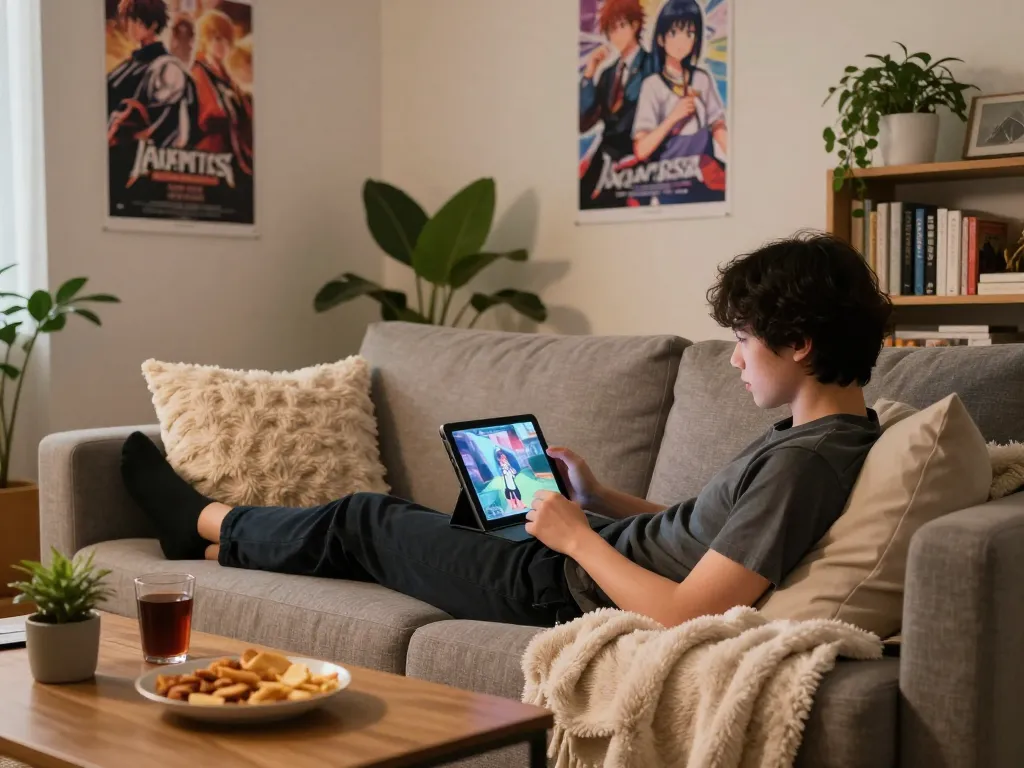 Person enjoying an adult game on a tablet in a cozy living room.