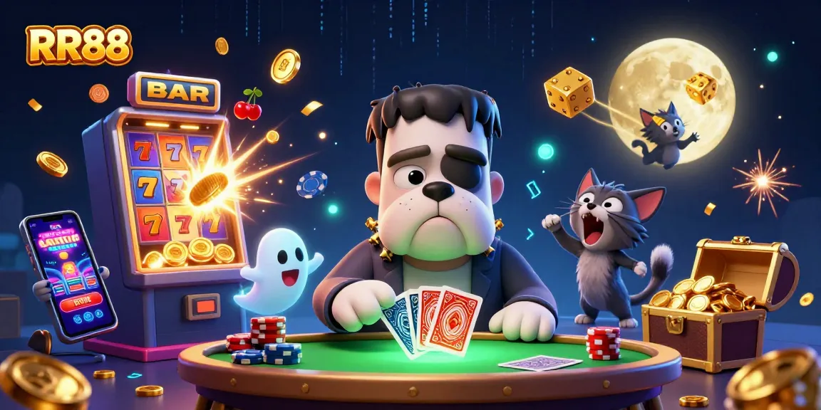 Win big with RR88 at a lively casino scene featuring a bulldog dealer and jackpot symbols.