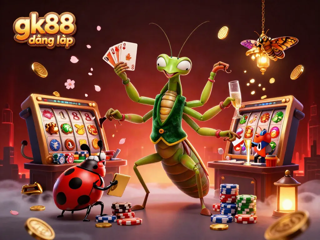 gk88 đăng nhập illustration of a giant mantis dealer interacting with vibrant casino elements