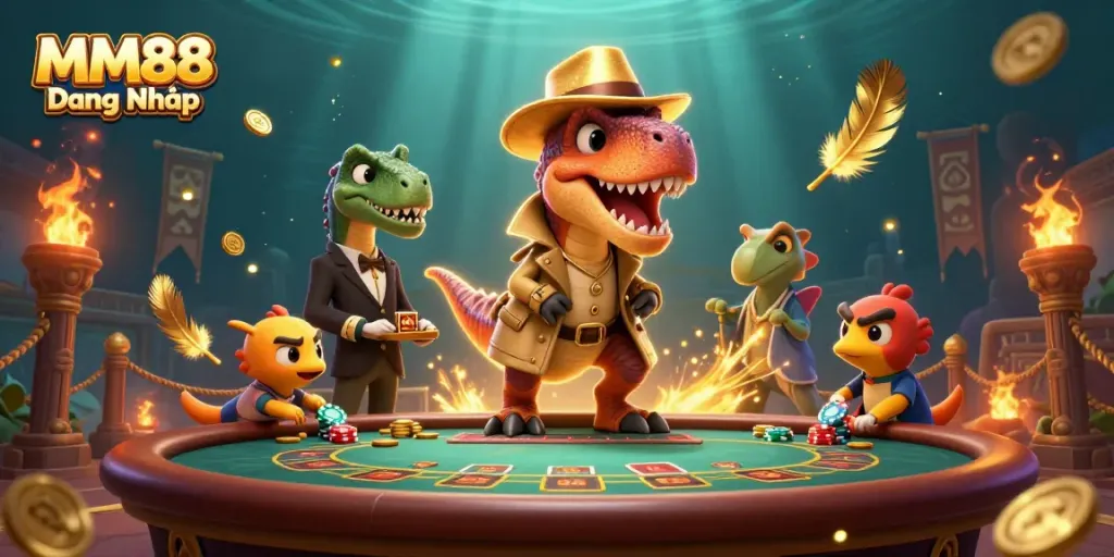 Experience thrilling MM88 Đăng Nhập with vibrant characters winning at blackjack in a packed casino.