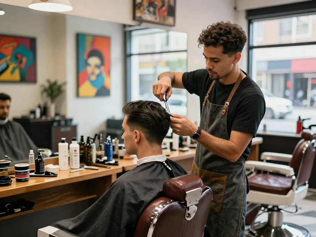 Stylish barbershop scene with rokok88 barber offering precision grooming services in vibrant urban space.