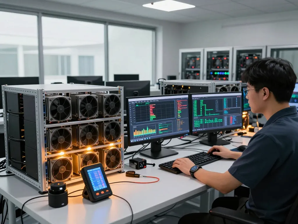 Otimize o desempenho da mineração de criptomoedas com https://vnish.net.br/, mostrando avançados Bitmain Antminers em uma instalação de alta tecnologia.