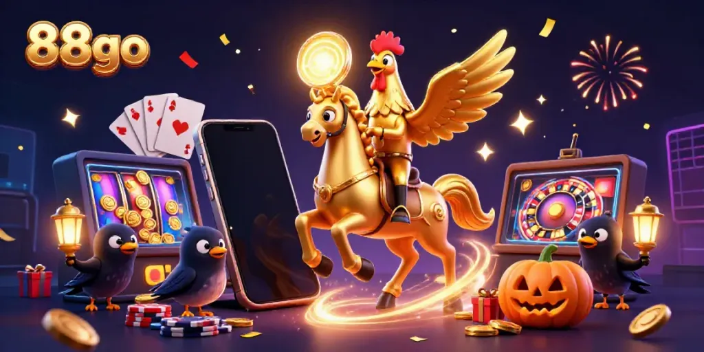Explore the excitement of 88go in a vibrant casino scene with a golden rooster and festive elements.