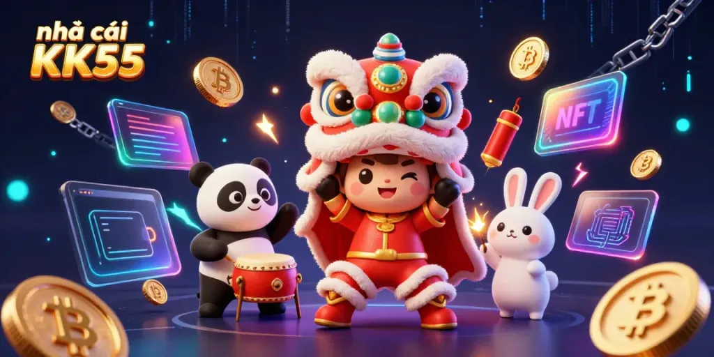 Perform the lion dance with festive decorations at nhà cái KK55, featuring 3D characters and crypto elements.