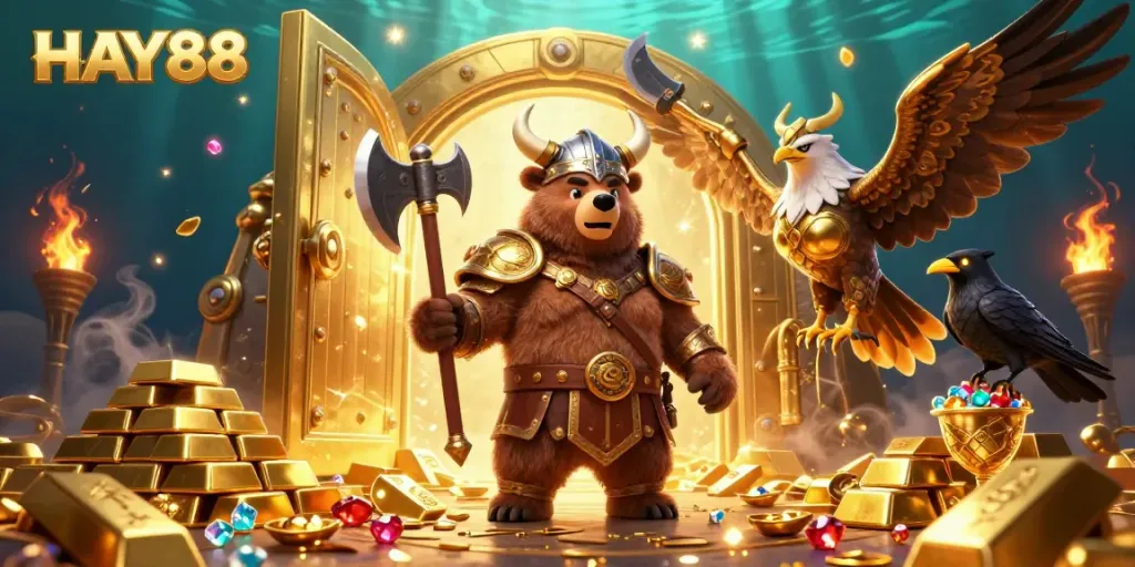 Experience HAY88's thrilling victories amidst treasure in this vibrant 3D casino scene.
