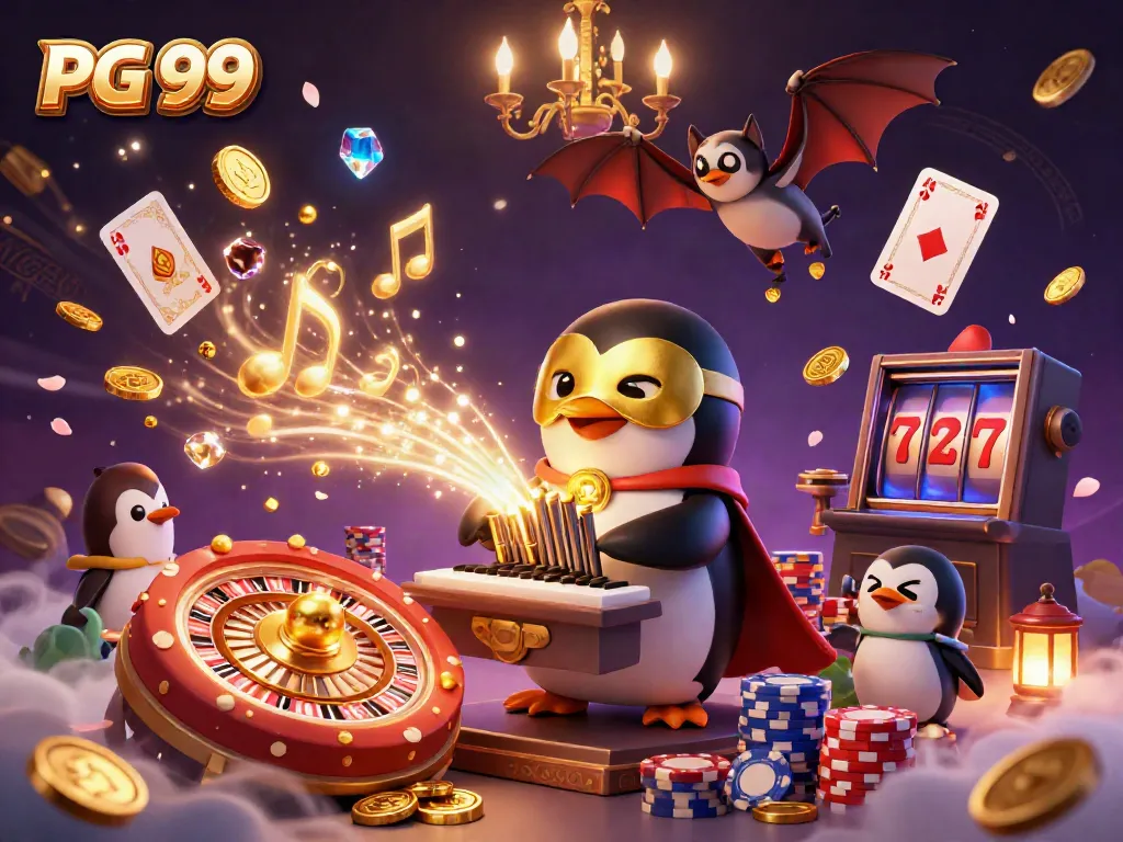 Play slots and win at PG 99 with a lively scene of a penguin playing an organ, coins flying around.