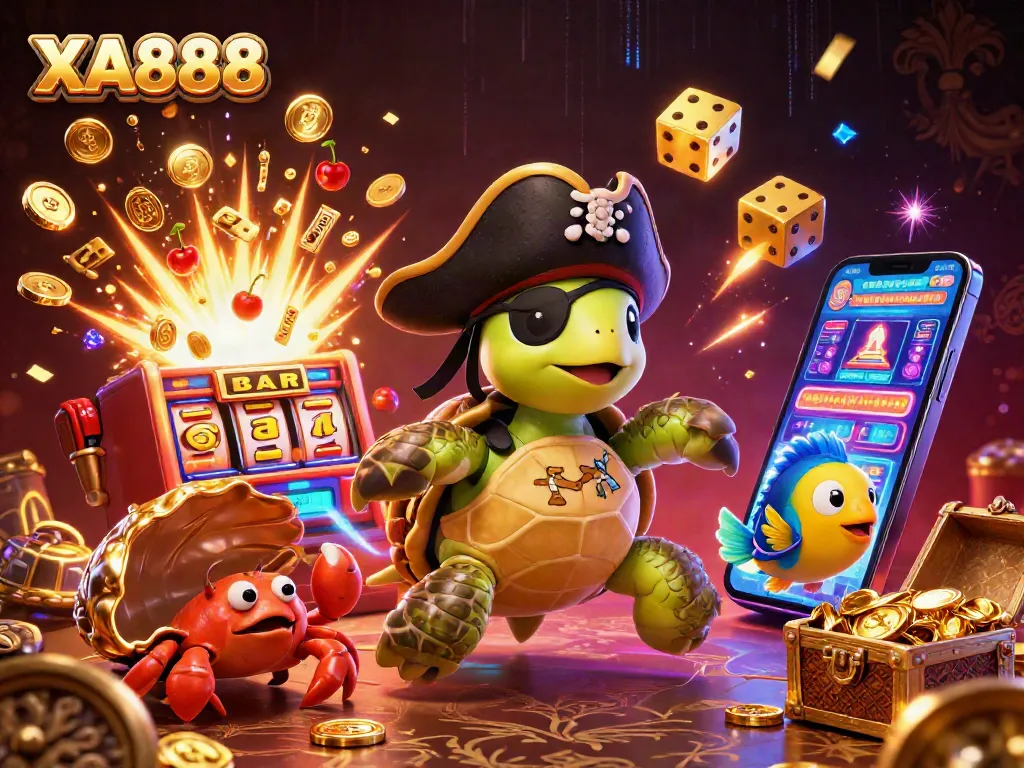 Experience the excitement of XA888 with a vibrant 3D pirate turtle and casino-themed elements.