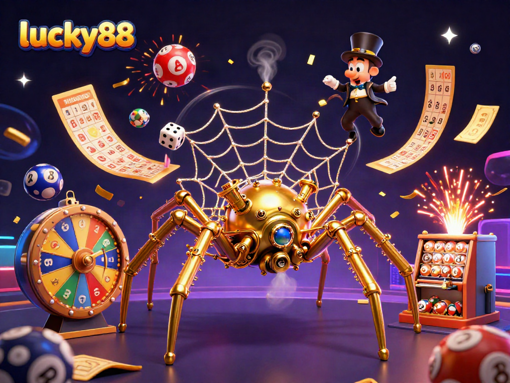 Engage with the exciting world of lucky88 slots featuring a whimsical steampunk spider illustration!
