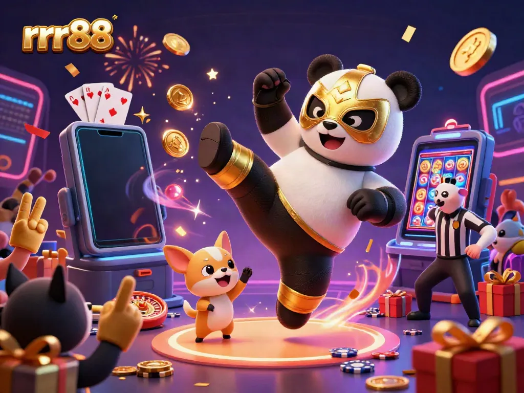 Witness the dynamic world of rrr88 as a 3D professional wrestler panda performs an epic flying kick at a lively casino scene.