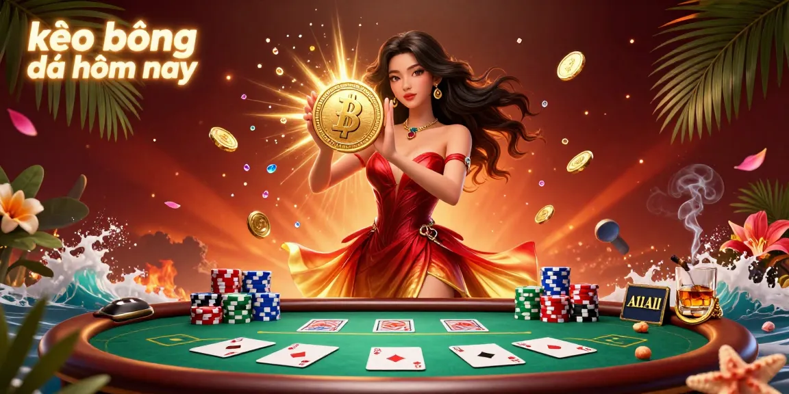Win exciting bets with kèo bóng đá hôm nay, showcasing a stunning Asian woman holding a golden coin amid vibrant gambling elements.