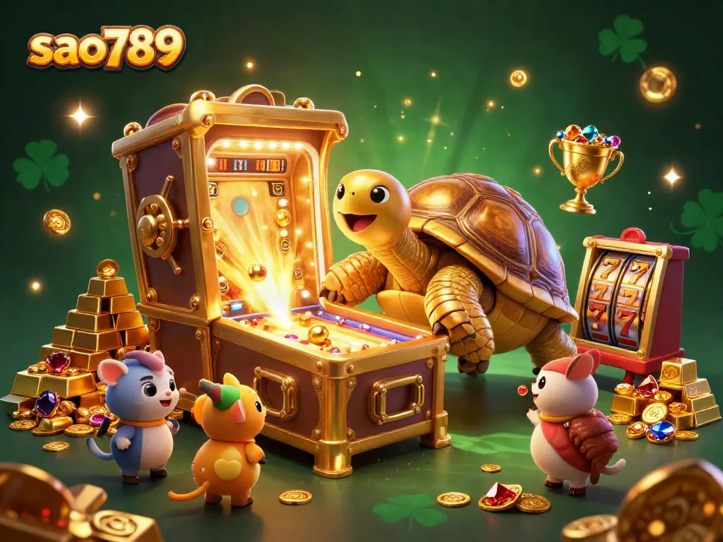Experience the excitement of casino play with sao789 in a vibrant 3D illustration featuring slot reels and treasures.