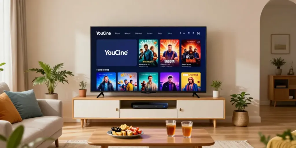 O Youcine APK para TV exibido em uma TV inteligente na sala de estar moderna.