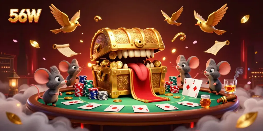 Experience thrilling poker action with 56W's engaging 3D casino illustration showcasing an adventurous atmosphere.
