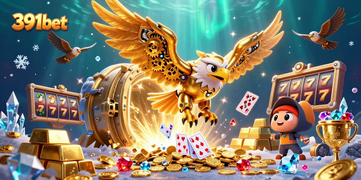 Experience the excitement of 391bet with a vibrant 3D illustration showcasing a golden eagle flying amidst holographic cards, symbolizing online gambling joy.
