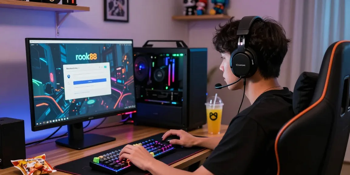 Gamer engaged in rokok88 login on vibrant gaming monitor in cozy setup, with snacks and aesthetic RGB lighting.