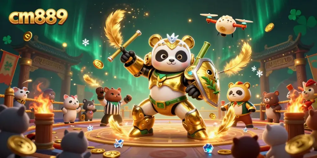 Engage with cm889 in a vibrant gambling arena featuring a mech-suit golden panda and dynamic casino elements.