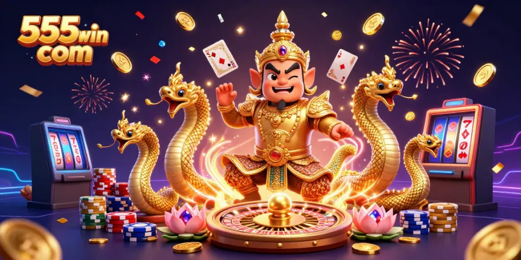 Engage with the vibrant and intricate world of 555win com, showcasing casino games, flashing lights, and winning symbols.