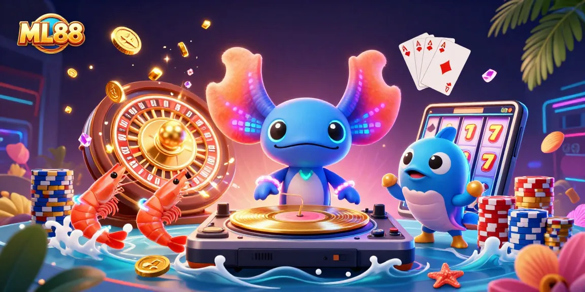 Experience the vibrant world of ML88 with a lively casino scene featuring a DJ axolotl and dazzling game elements.