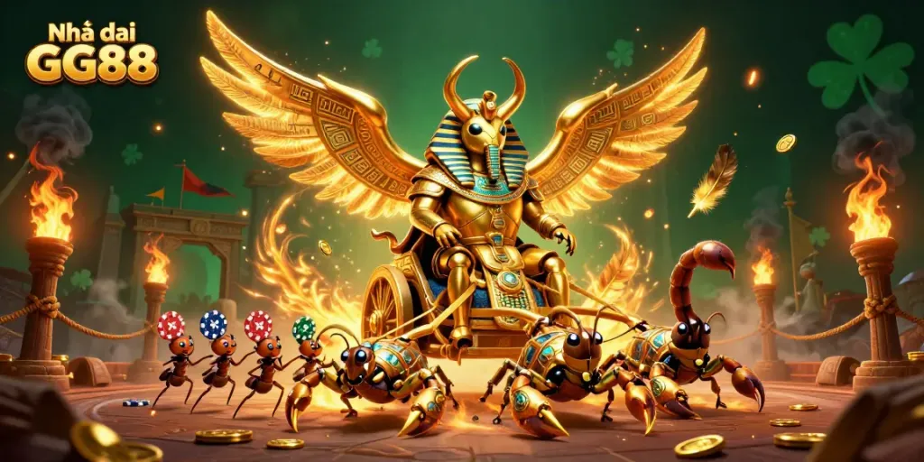 Engage with Nhà cái GG88 in a vibrant 3D scene showcasing gaming excitement with golden elements and dynamic characters.