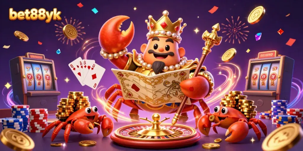 Bet88yk showcases an exciting casino scene with a golden crab emperor, colorful chips, and festive fireworks.