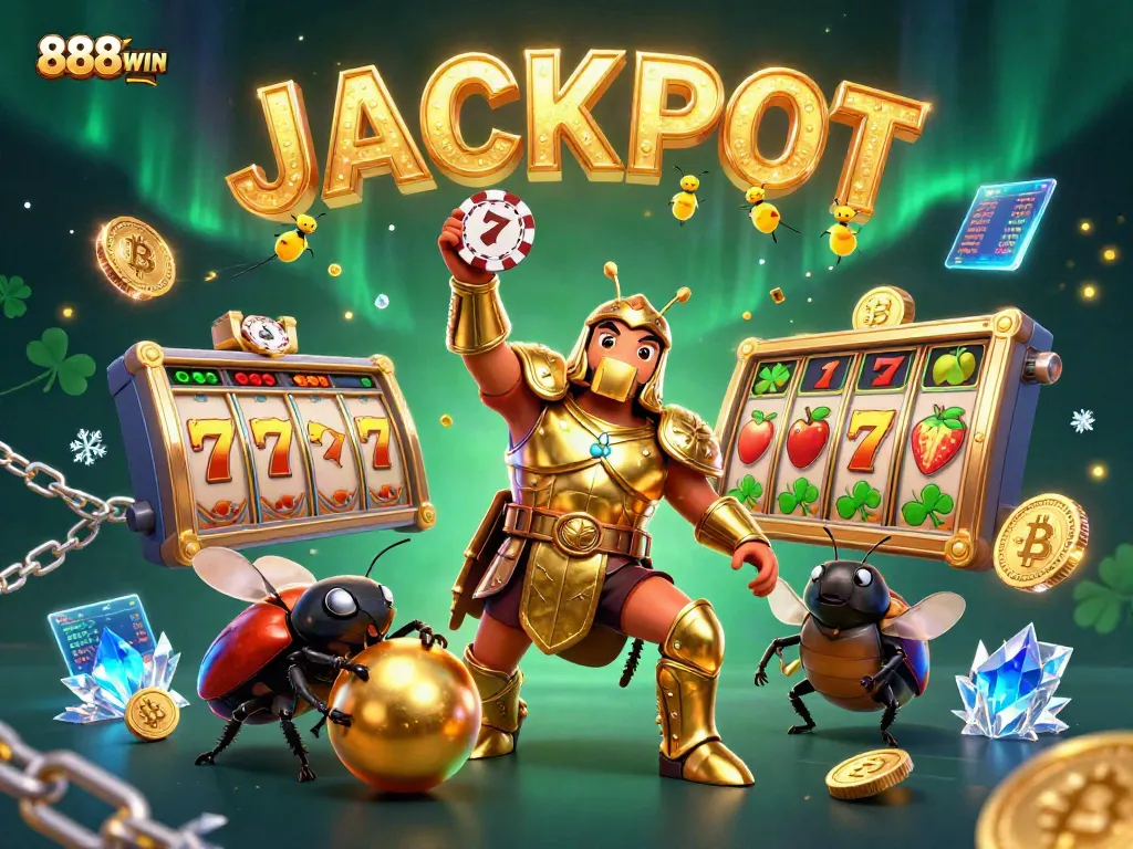 Experience the thrill with 888WIN as a victorious beetle lifts a poker chip, surrounded by vibrant casino elements.