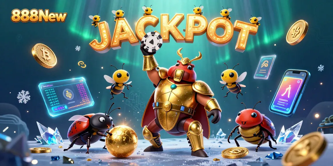 Experience the thrilling world of 888New, where a victorious beetle champion lifts poker chips amidst digital gaming glory.