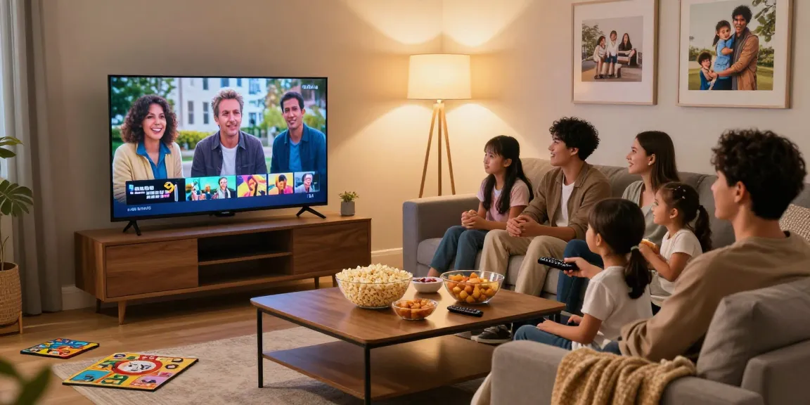 Família assistindo IPTV na sala de estar, criando momentos de diversão em casa.