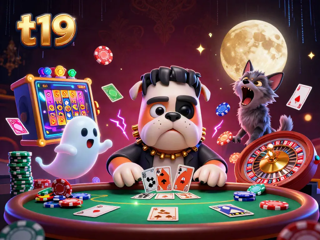 Engage with the thrilling t19 casino experience illustrated by a lively scene of fun characters and dynamic game elements.