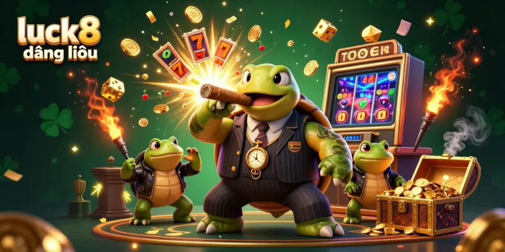 Experience the thrill of gambling with luck8 đăng nhập featuring a cartoon turtle and bullfrogs amid a jackpot explosion.