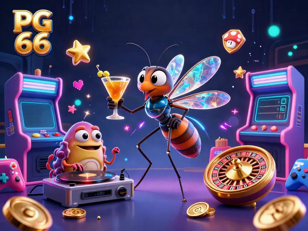 Experience PG 66 as a thriving casino with a unique 3D illustration of vibrant characters and elements.