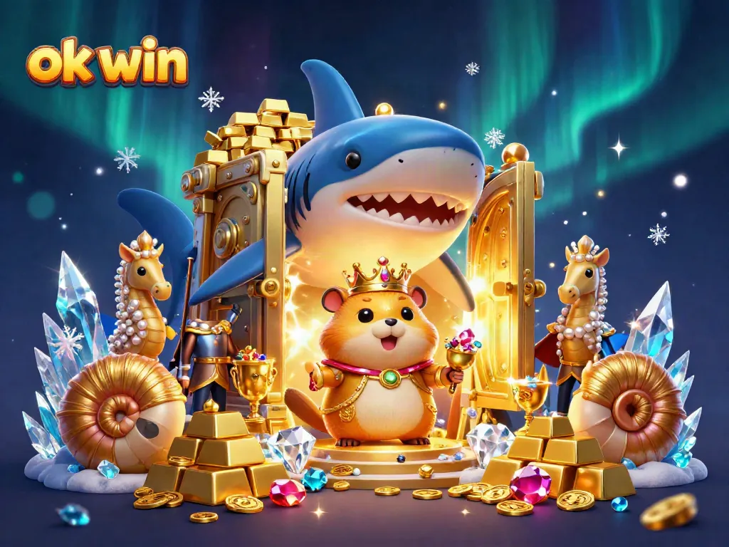 Experience the thrill of ok win with a vibrant 3D casino-themed illustration featuring a golden hamster king and treasure.