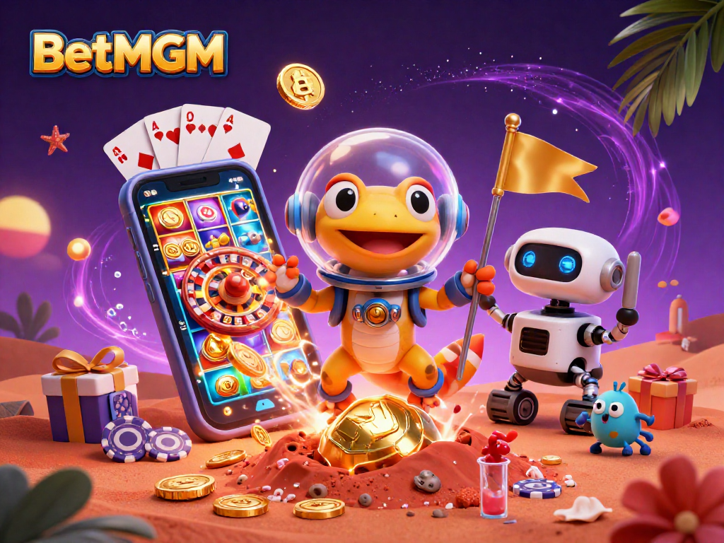 Experience exciting games at BetMGM with a lively Martian casino scene full of vibrant characters.