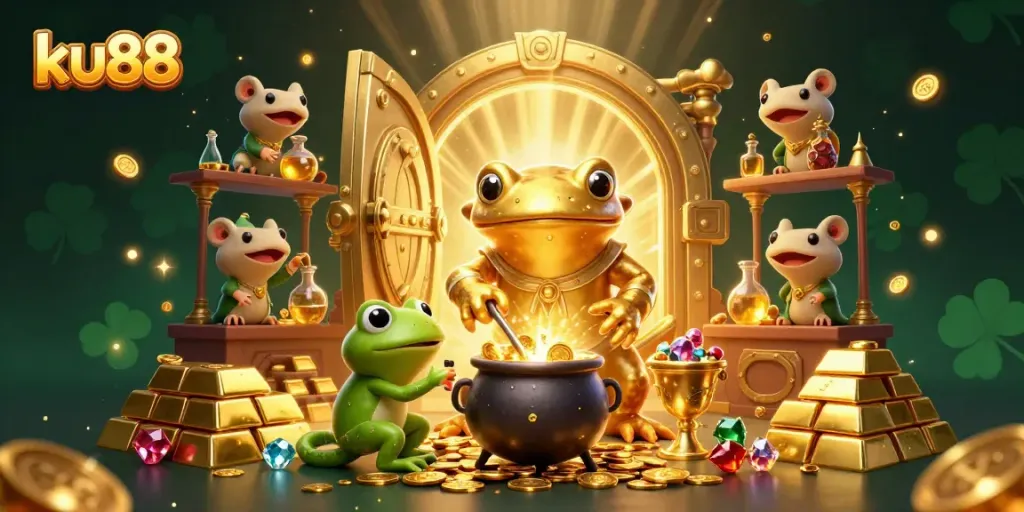 Explore entertainment at ku88 with an animated scene of an alchemist and assistants creating gold.